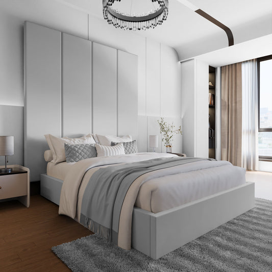 Lit à panneaux muraux en velours gris clair avec rangement ottoman