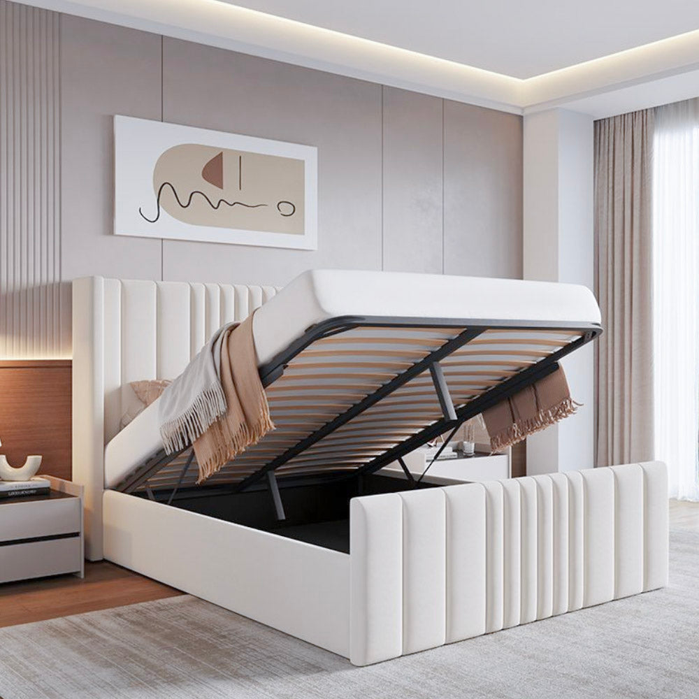 Lit coffre ottoman en velours crème Mika