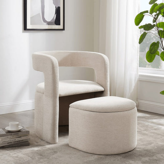 Fauteuil d'appoint incurvé Lada en chenille crème avec repose-pieds de rangement