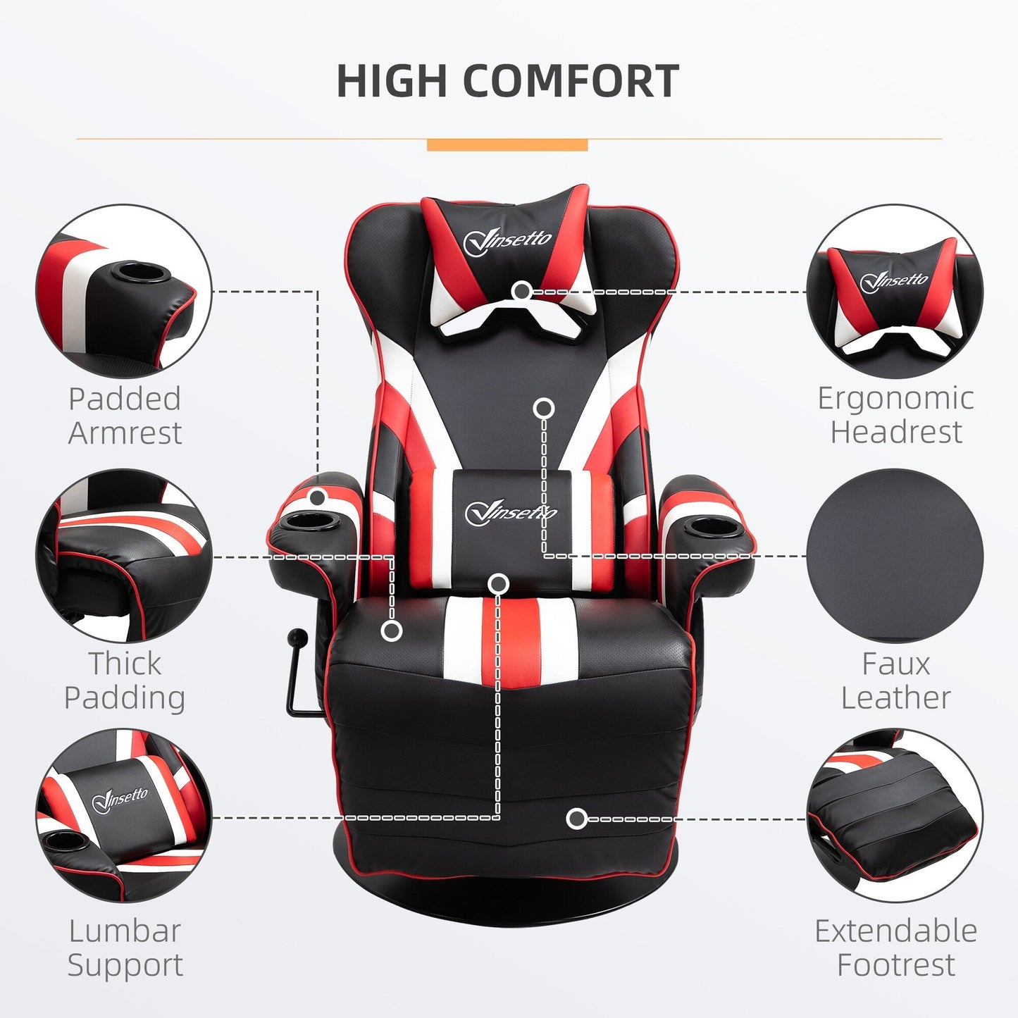 Fauteuil de jeu inclinable pivotant à 360° style course avec support lombaire, repose-pieds et deux porte-gobelets pour salle de jeux
