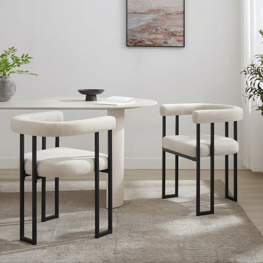 Chaise de salle à manger incurvée en chenille crème Celine avec cadre noir