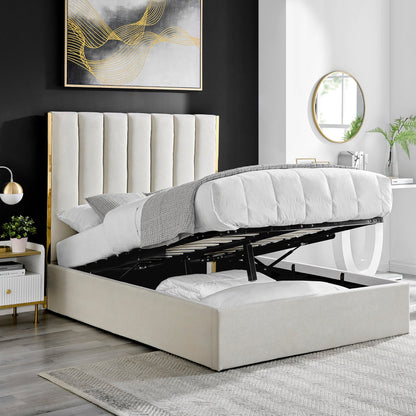 Lit Chloé beige avec bordure en métal doré et rangement ottoman