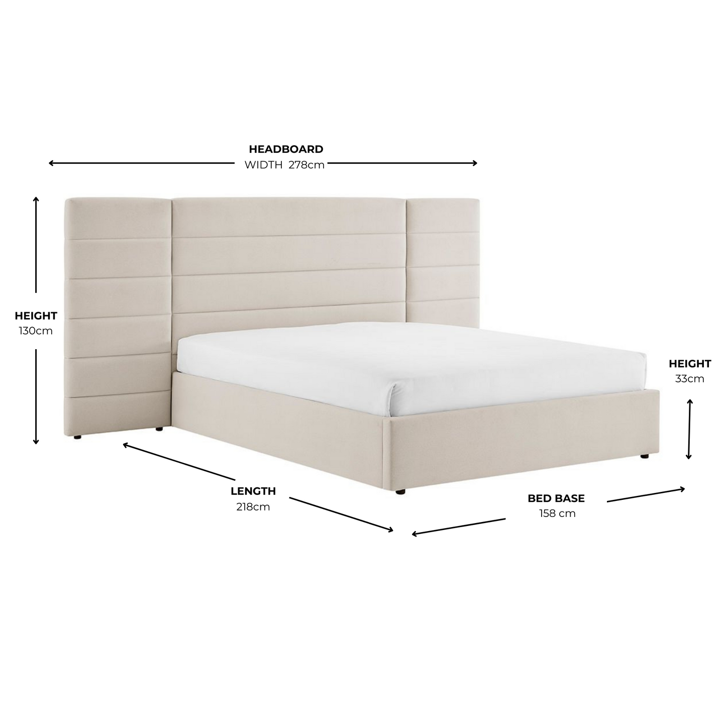Lit king size avec rangement ottoman et tête de lit en tissu beige Amara