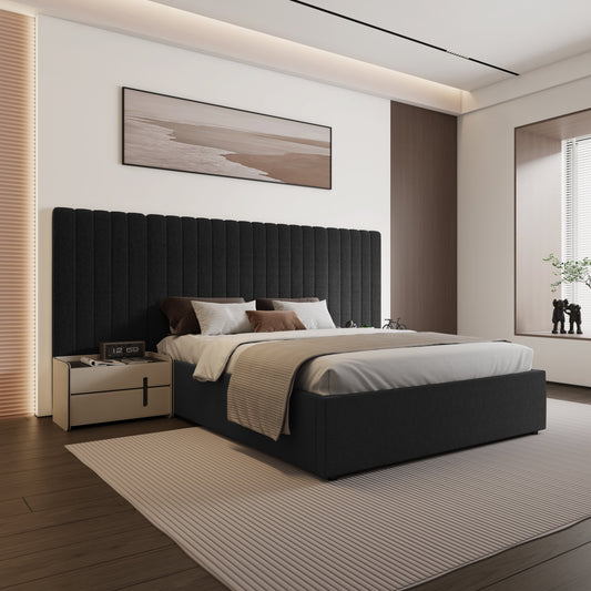 Inaya Lit king size avec tête de lit ottomane et rangement en velours noir à large panneau