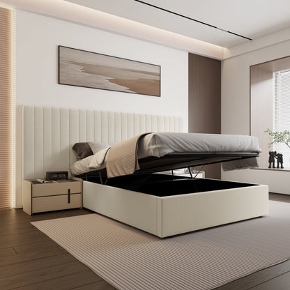 Lit coffre-fort Inaya en velours crème avec tête de lit et panneau large en tissu, king size