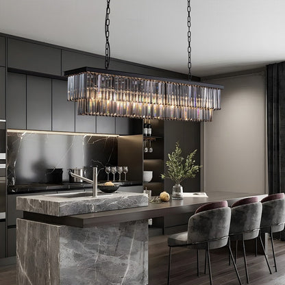 Lustre contemporain en cristal gris fumé et noir de 47 po, design linéaire à deux niveaux, luminaire suspendu pour îlot de cuisine et salle à manger.