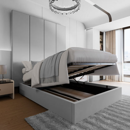 Lit à panneaux muraux en velours gris clair avec rangement ottoman