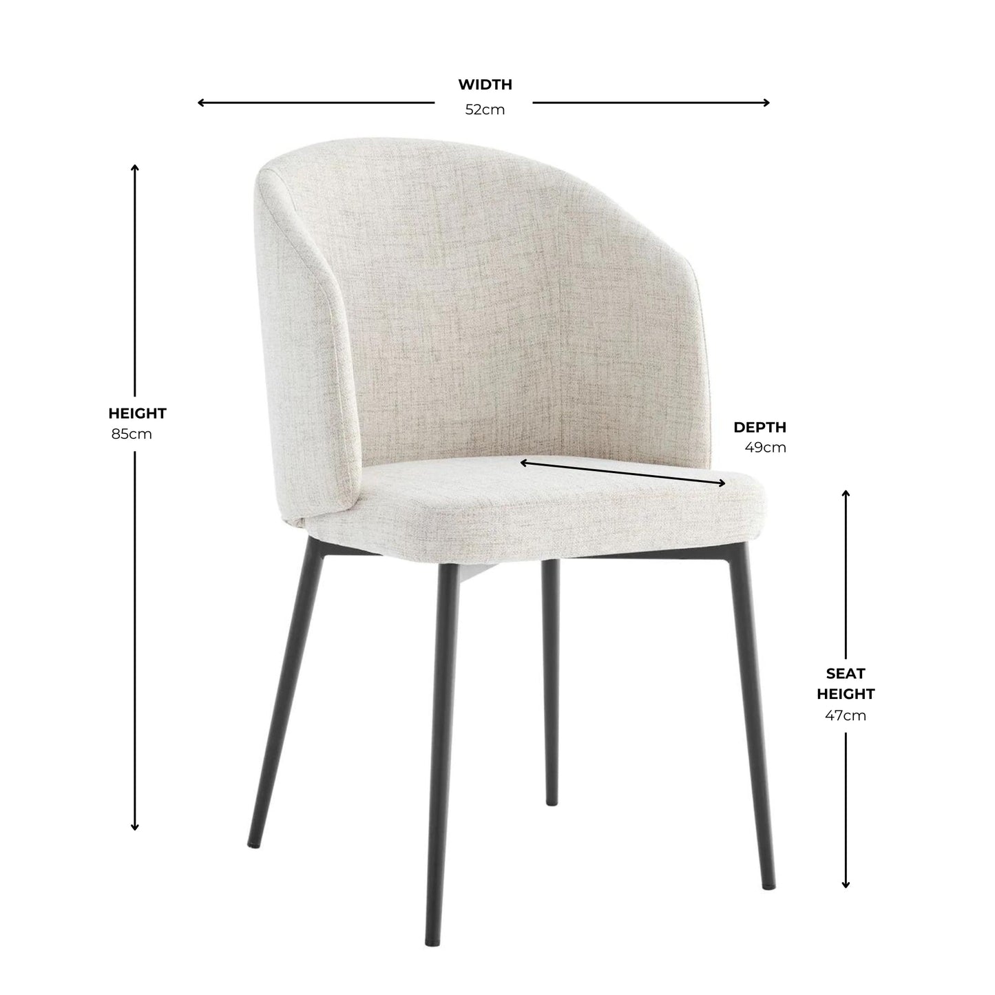 Chaise de salle à manger incurvée Capri en lin ivoire et gris clair avec pieds noirs