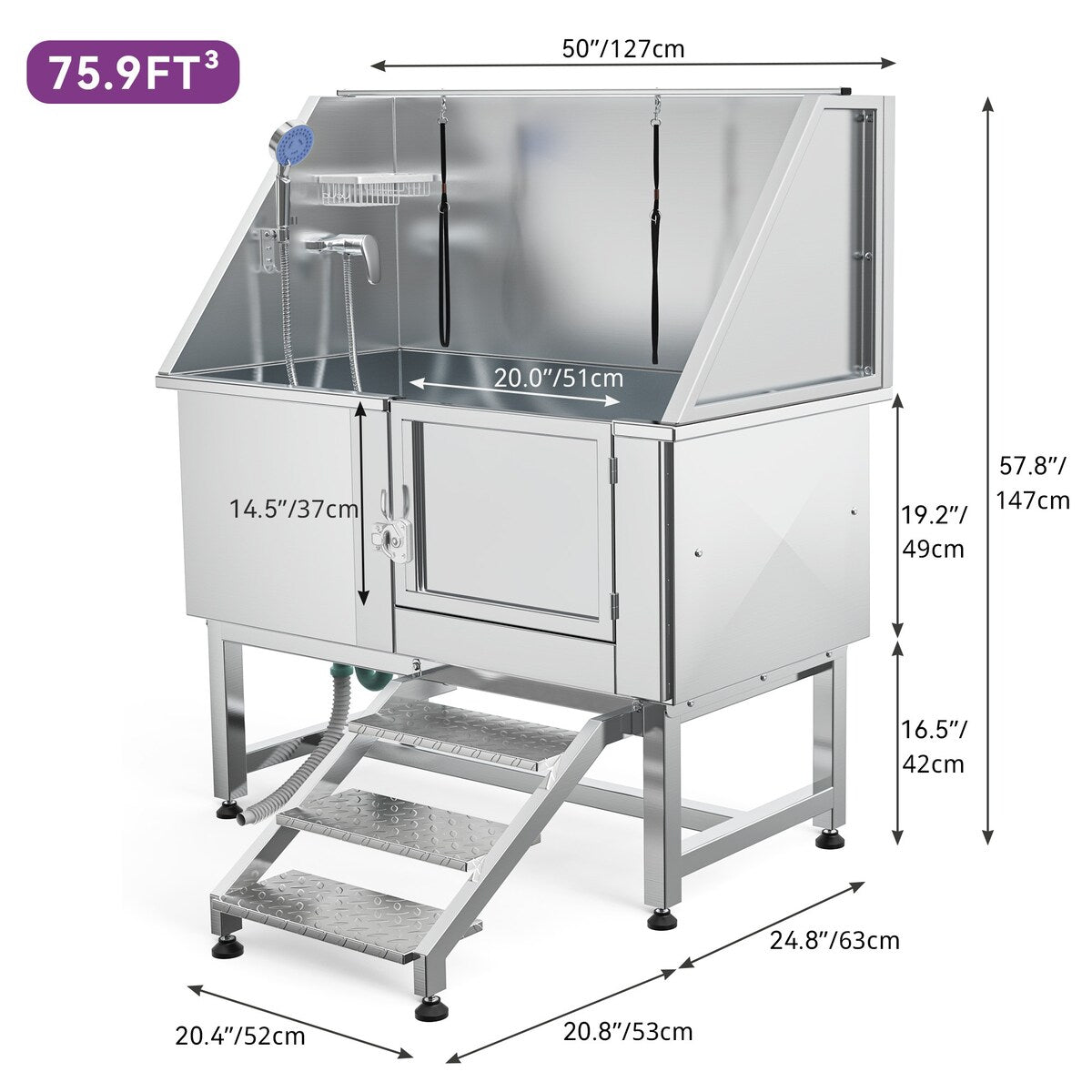 Baignoire de toilettage réglable en acier inoxydable de 50 po de largeur avec rampe et marches