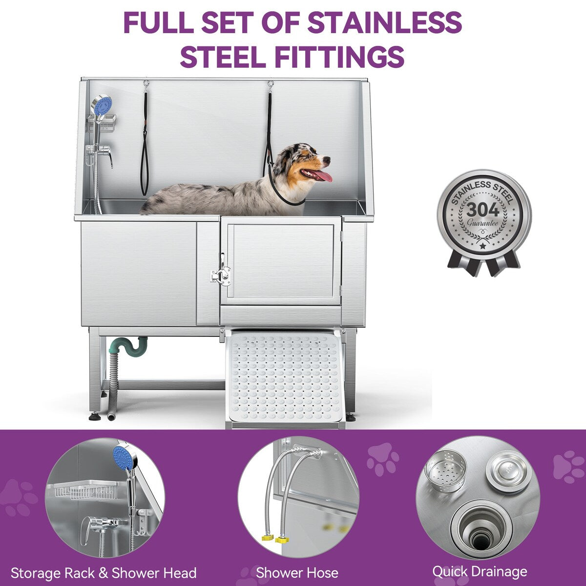 Baignoire de toilettage réglable en acier inoxydable de 50 po de largeur avec rampe et marches