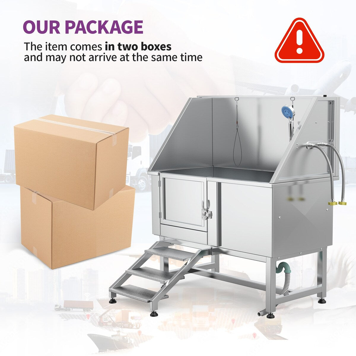 Baignoire de toilettage réglable en acier inoxydable de 50 po de largeur avec rampe et marches