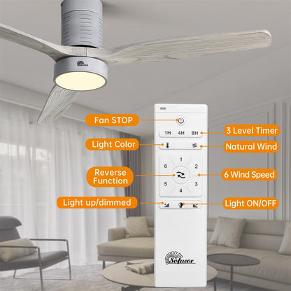 Ventilateur de plafond encastré de style campagnard de 52 pouces avec éclairage et télécommande, moteur CC réversible