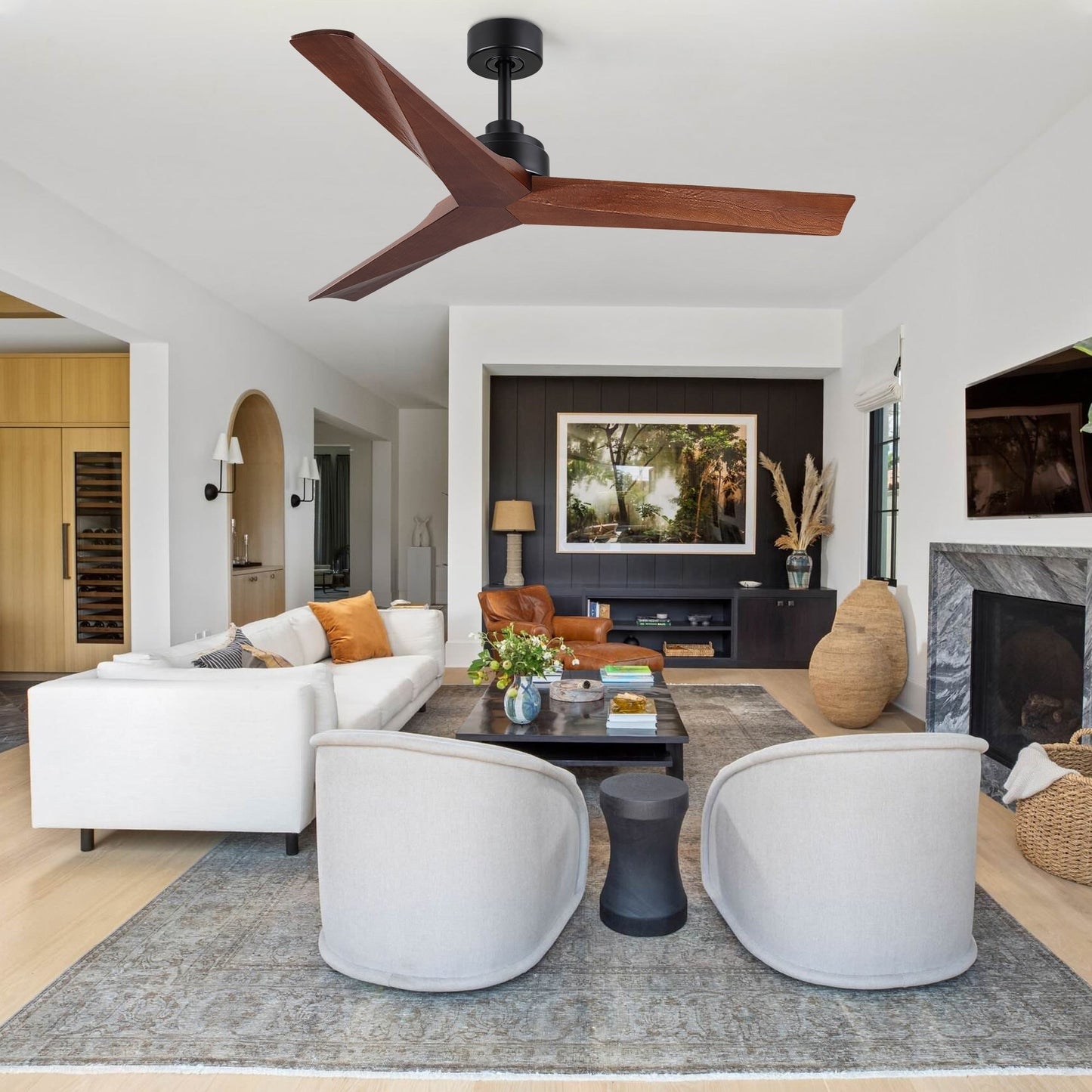 Ventilateur de plafond moderne en bois massif/ABS de 52 pouces avec télécommande (sans lumière), 6 vitesses de vent, flux d'air réversible