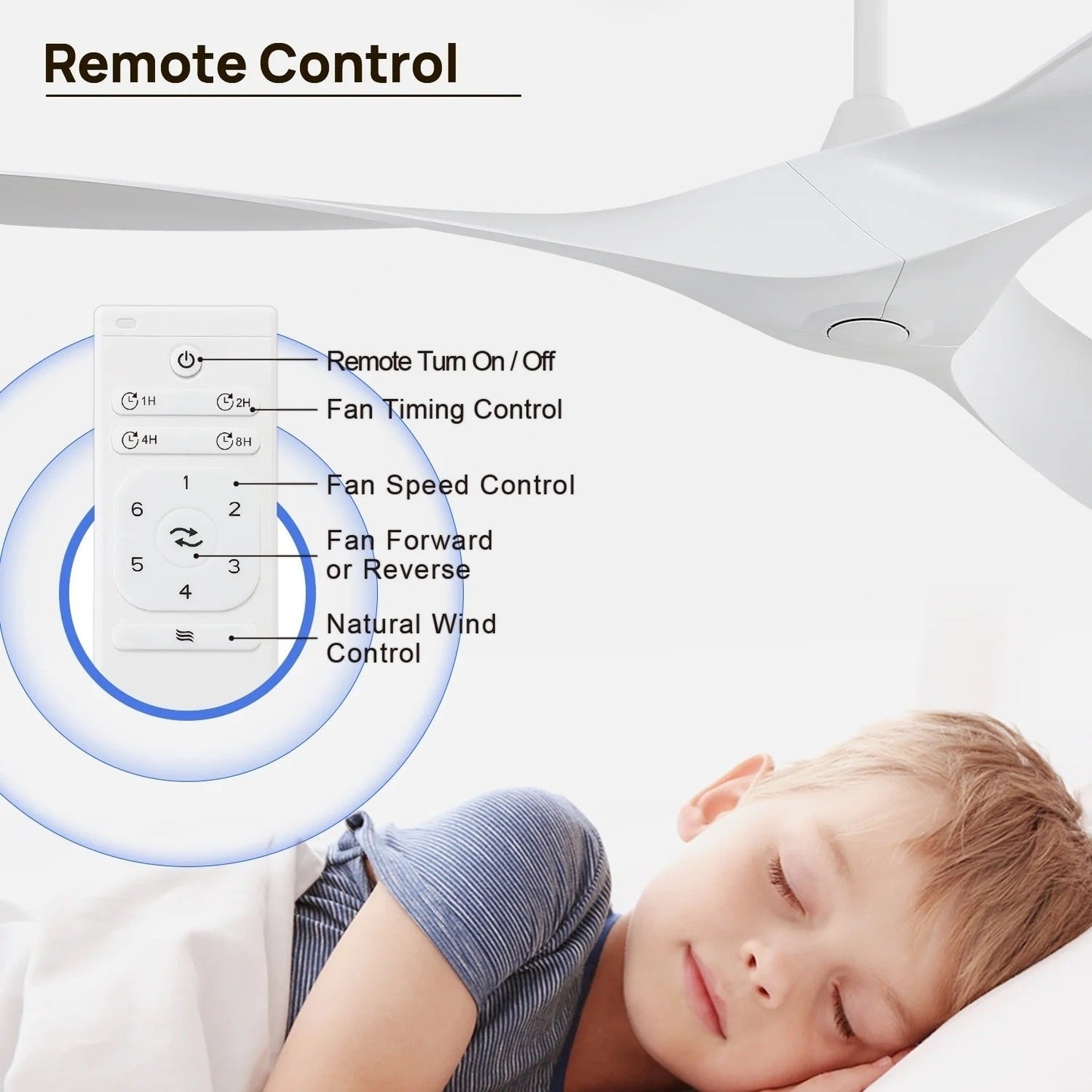 Ventilateur de plafond moderne en bois massif/ABS de 52 pouces avec télécommande (sans lumière), 6 vitesses de vent, flux d'air réversible