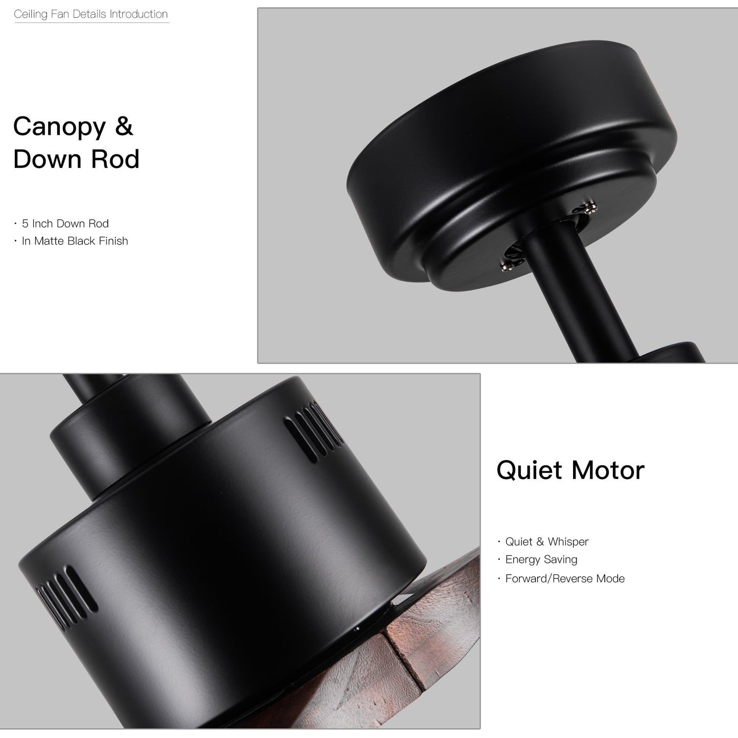 Ventilateur de plafond moderne en bois massif/ABS de 52 pouces avec télécommande (sans lumière), 6 vitesses de vent, flux d'air réversible