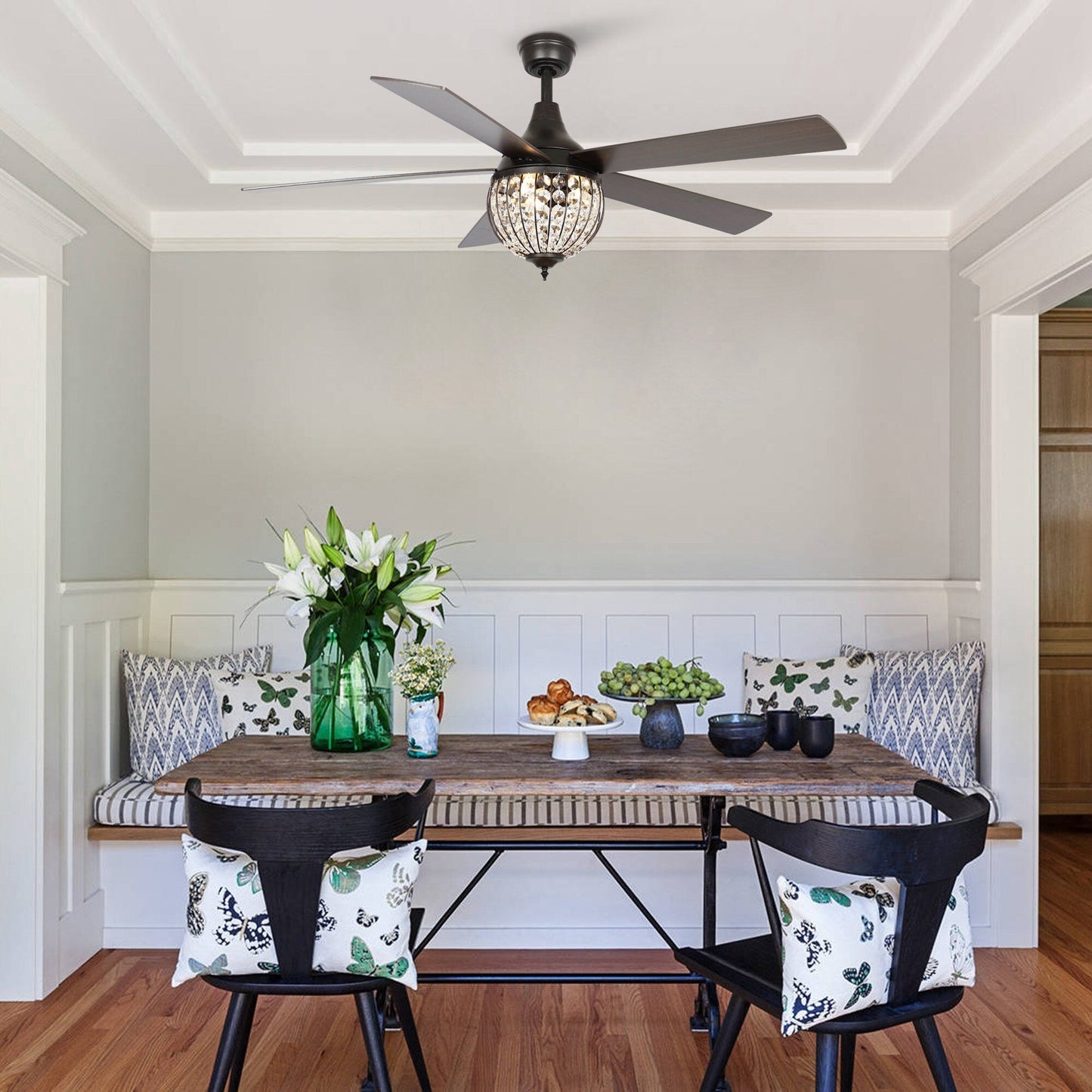 Ventilateur de plafond industriel en bois noir à 5 pales en cristal avec télécommande