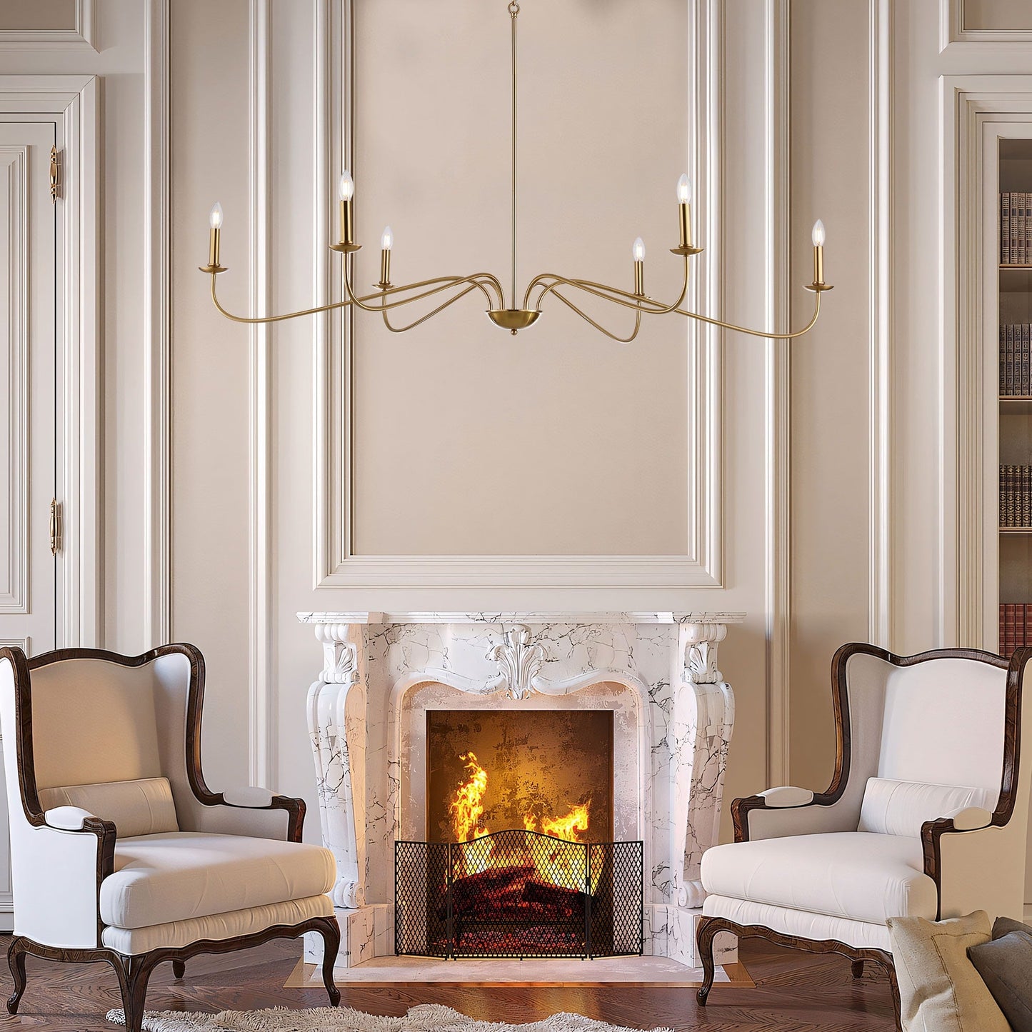 Lustre minimaliste à 6 lumières de 64 pouces, noir mat, or et chrome - N/A