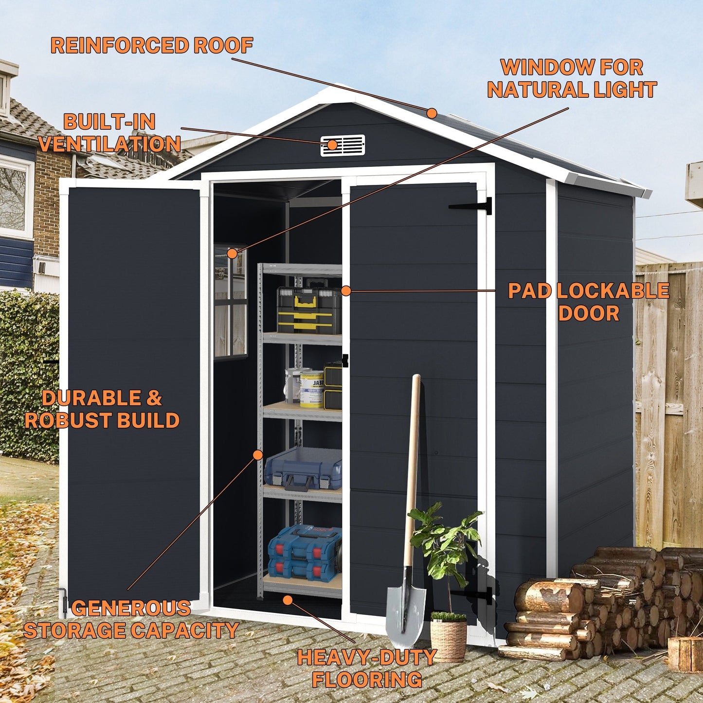 Abri de rangement extérieur en plastique et résine toutes saisons de 6 pi x 4 pi/6 pi x 8 pi/8 pi x 6 pi/8 pi x 10 pi avec plancher, abri à outils Spire