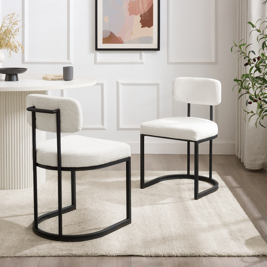 Chaise de salle à manger Rhea en tissu blanc avec cadre noir