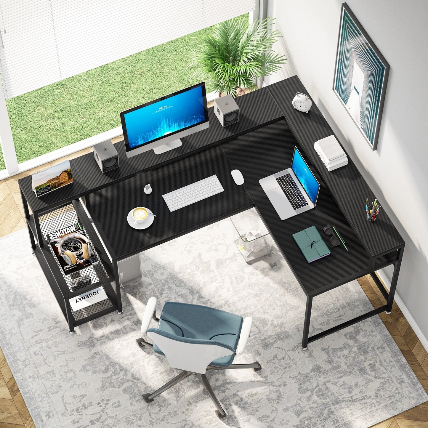 Bureau en L avec étagère pour écran, bureau d'angle réversible pour bureau à domicile 69