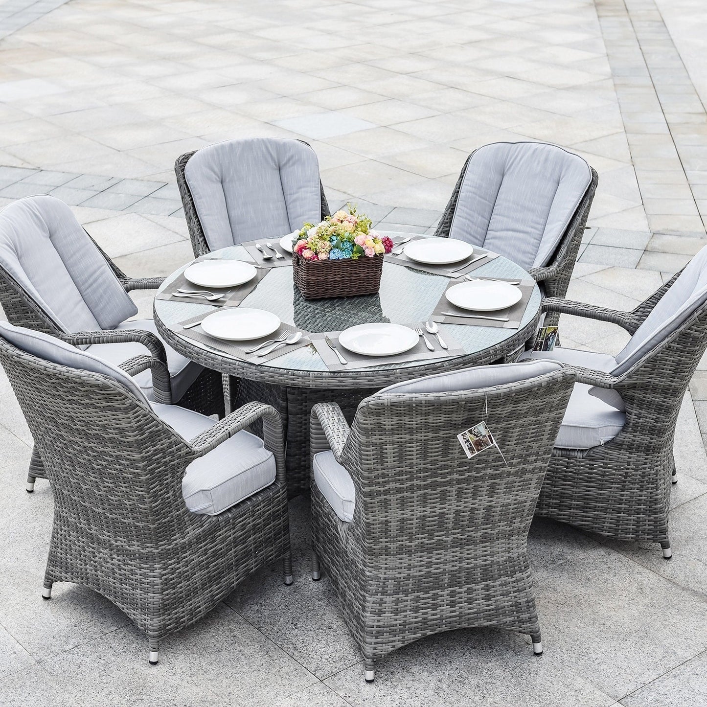 Ensemble de salle à manger rond en rotin et osier pour patio extérieur 7 pièces avec coussins par Moda Furnishings