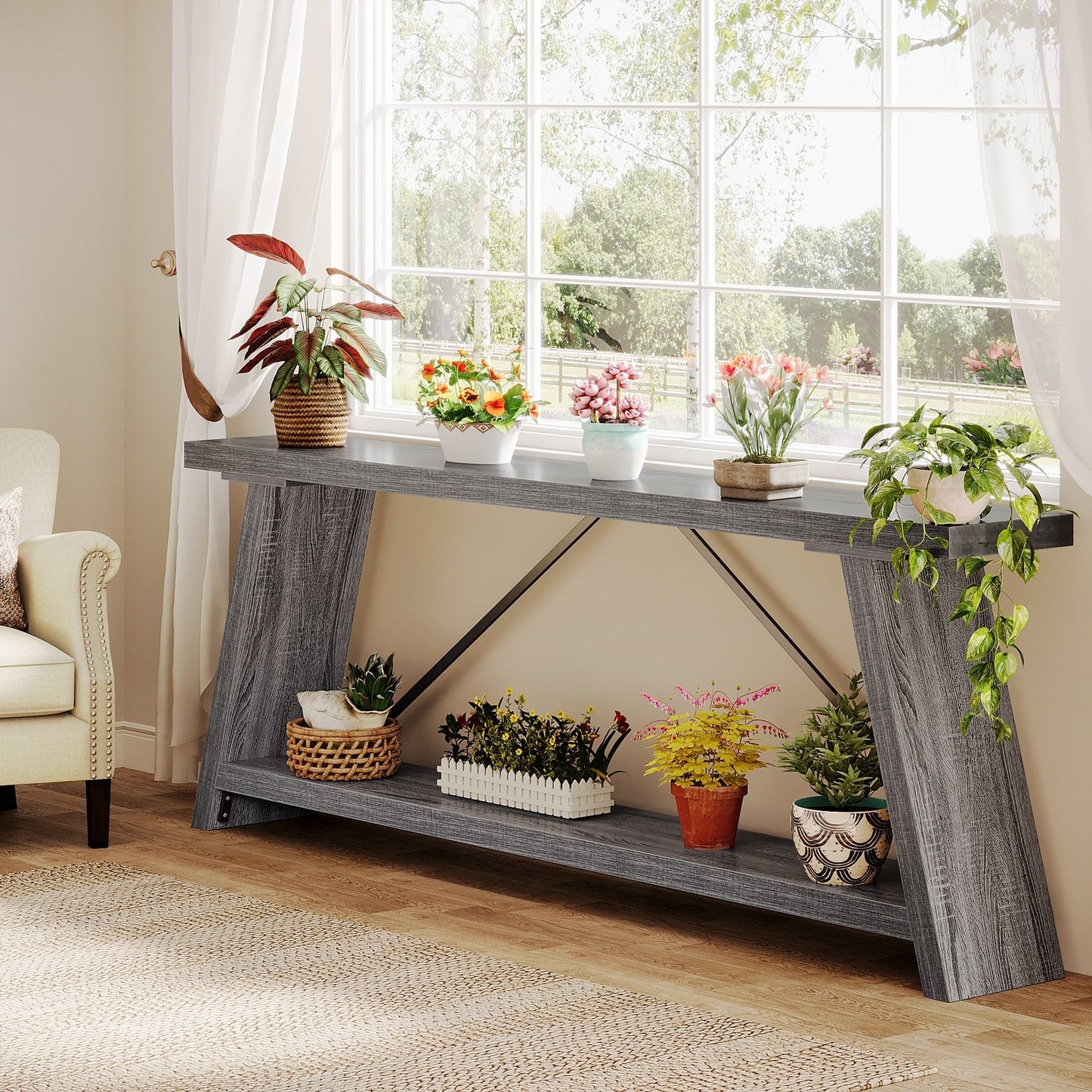 Table console en bois rustique de 70,9 pouces de long avec étagère de rangement