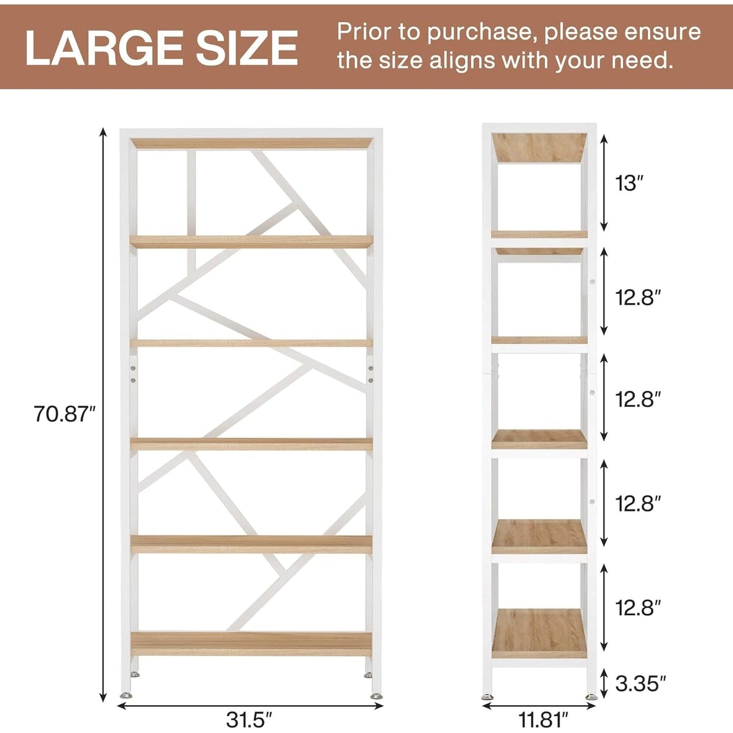 Bibliothèque industrielle à 6 niveaux en bois brun rustique, étagères ouvertes