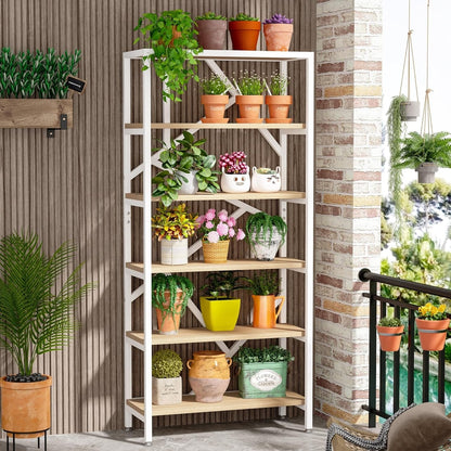 Bibliothèque industrielle à 6 niveaux en bois brun rustique, étagères ouvertes