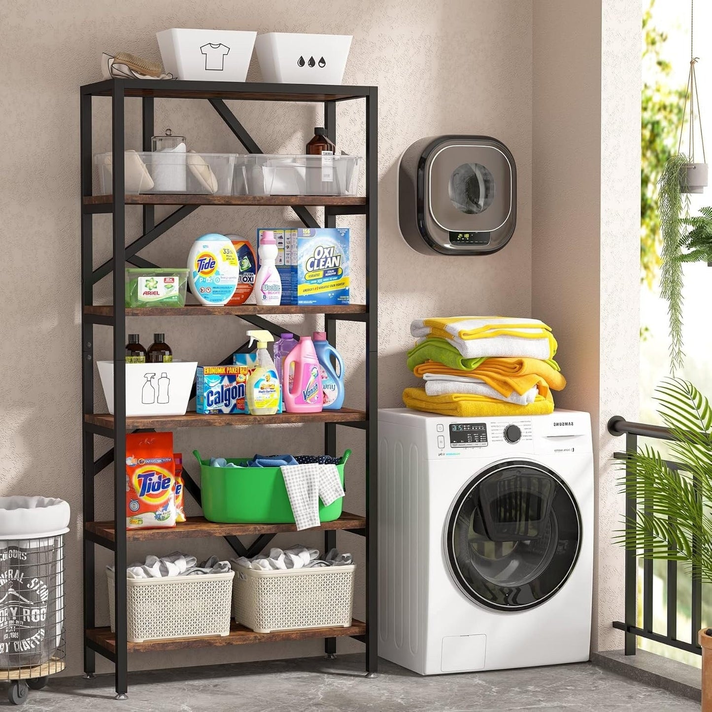 Bibliothèque industrielle à 6 niveaux en bois brun rustique, étagères ouvertes