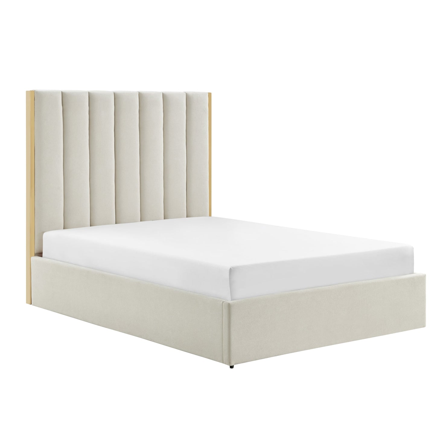 Lit Chloé beige avec bordure en métal doré et rangement ottoman