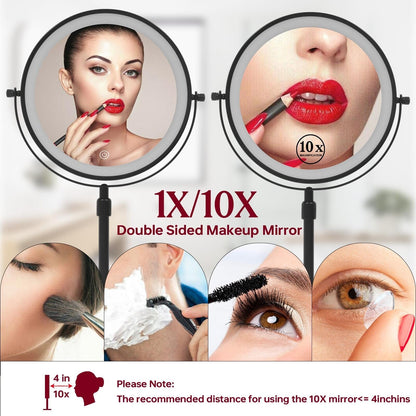 Miroir de maquillage éclairé à 9 LED, miroir grossissant double face avec grossissement 1X/10x, 3 couleurs d'éclairage