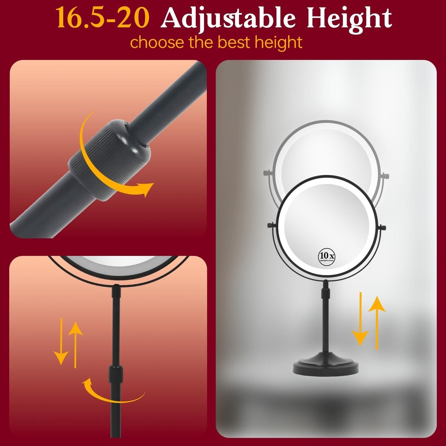 Miroir de maquillage éclairé à 9 LED, miroir grossissant double face avec grossissement 1X/10x, 3 couleurs d'éclairage
