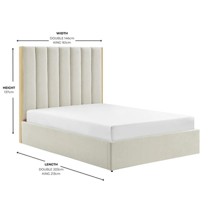 Lit Chloé beige avec bordure en métal doré et rangement ottoman