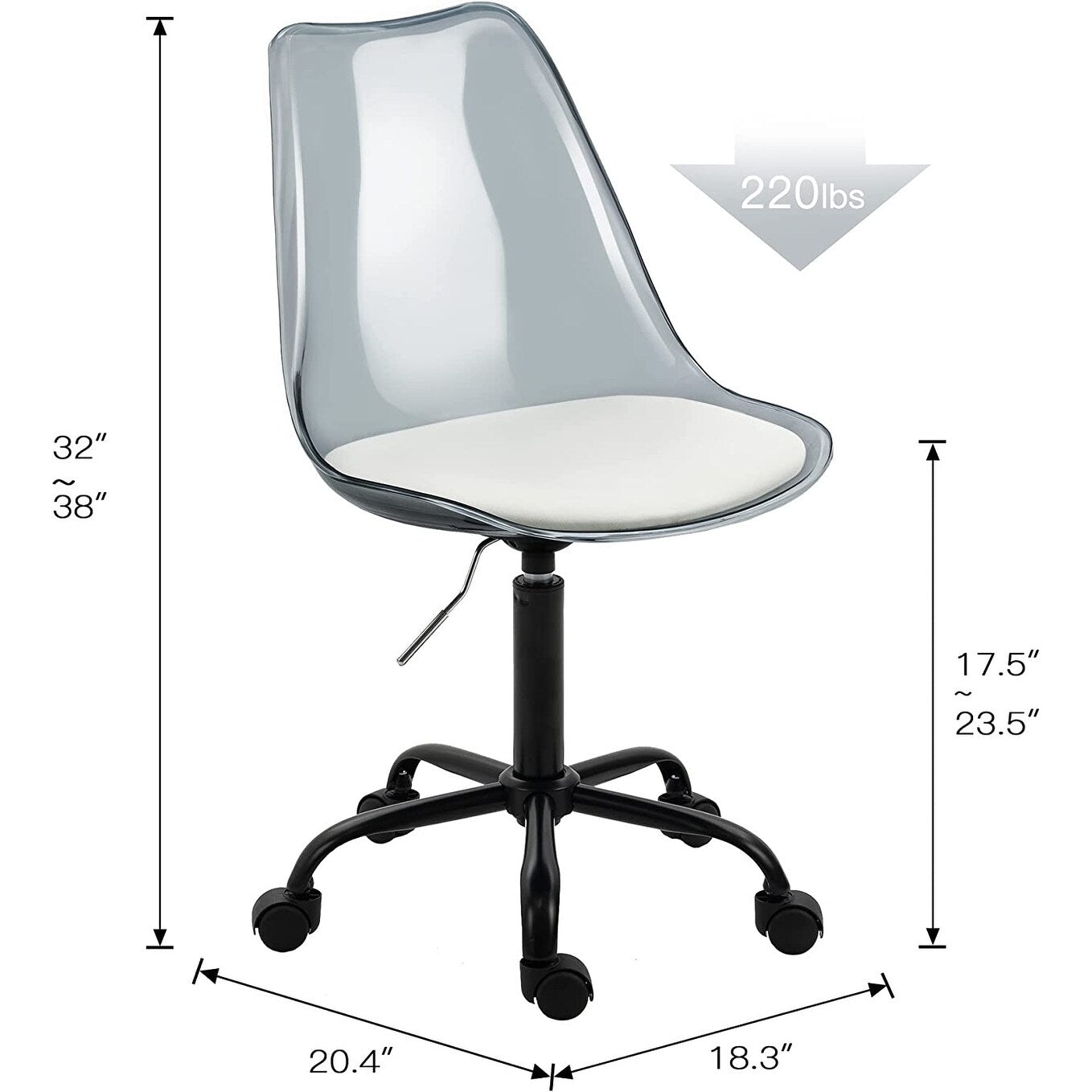 Chaise de bureau pivotante en acrylique à hauteur réglable sans accoudoirs