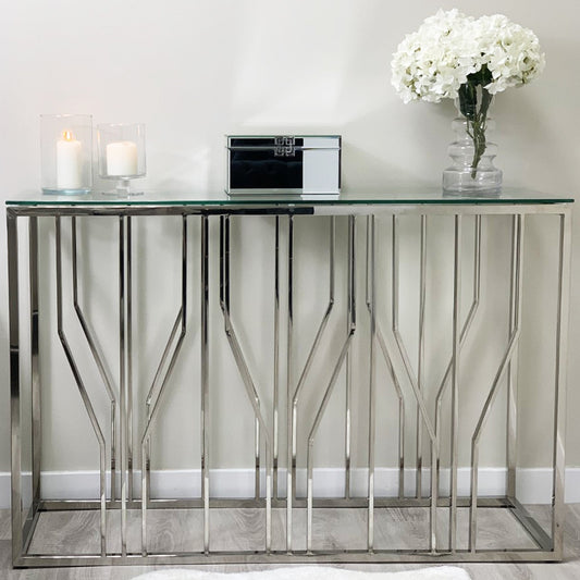 Console Aria Silver Deco avec plateau en verre transparent