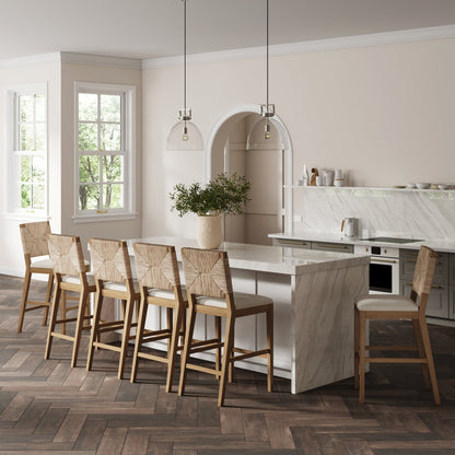 Tabouret de bar Beacon Bohemian Boucle, chaise de comptoir rembourrée avec cadre en bois massif et dossier en jonc de mer tressé