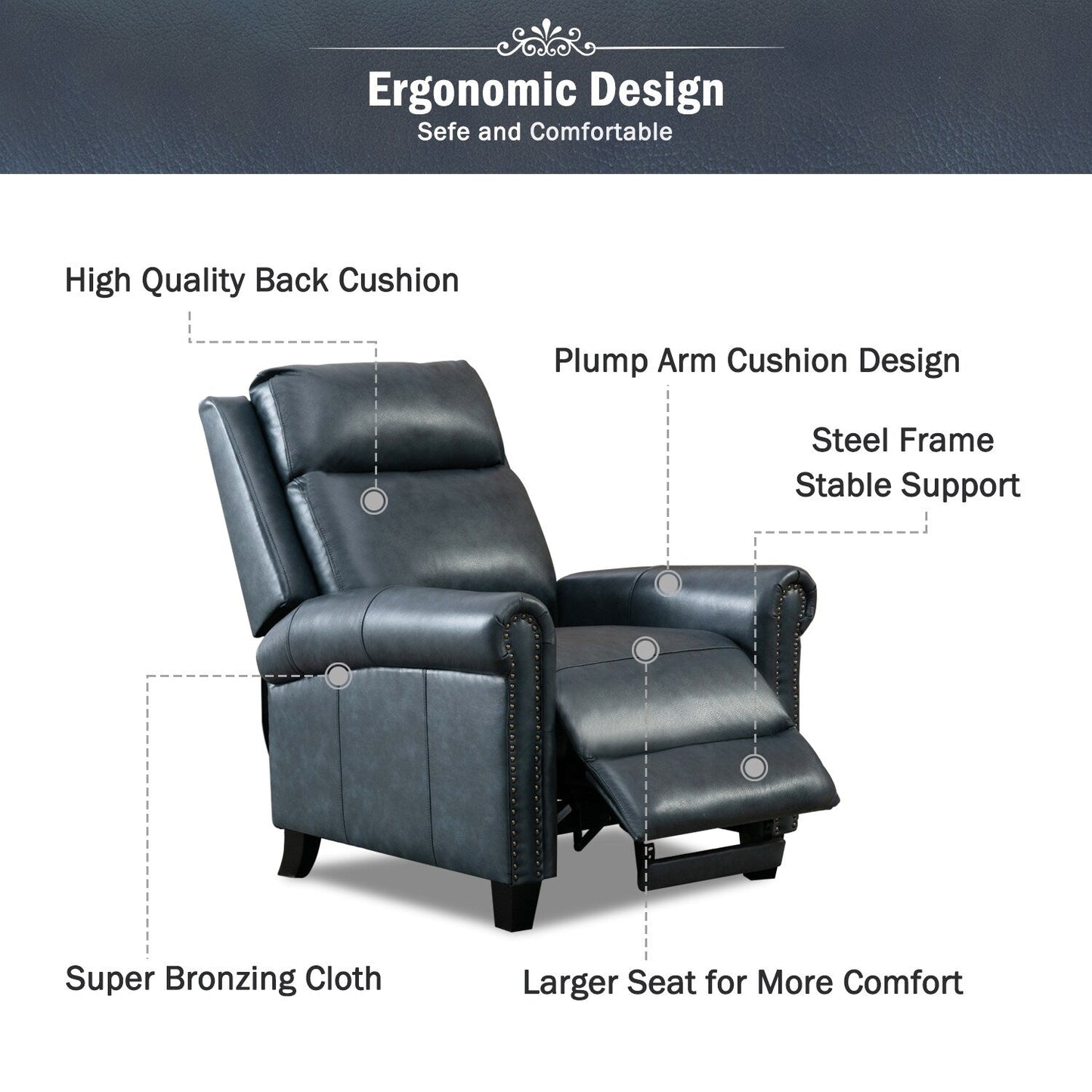 Fauteuil inclinable en cuir véritable avec accoudoirs et dossier confortables