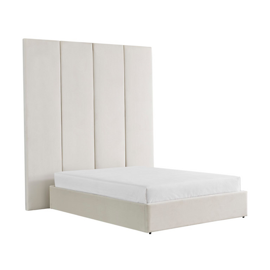 Lit à panneaux muraux en velours crème avec rangement ottoman
