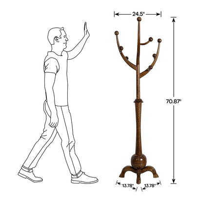 Porte-manteau autoportant en bois d'hévéa avec 8 crochets - 24,5 L x 70,87 H