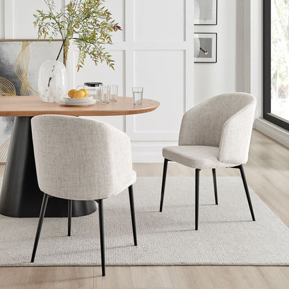 Chaise de salle à manger incurvée Capri en lin ivoire et gris clair avec pieds noirs
