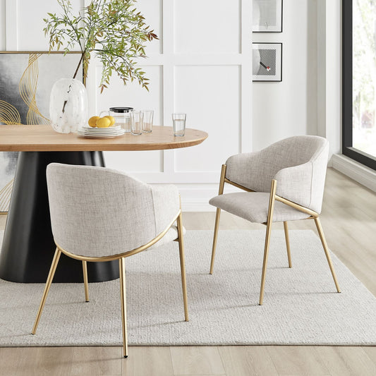 Chaise de salle à manger Alice en lin beige clair neutre avec cadre doré
