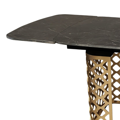 Table à manger extensible en céramique noire effet marbre avec base dorée