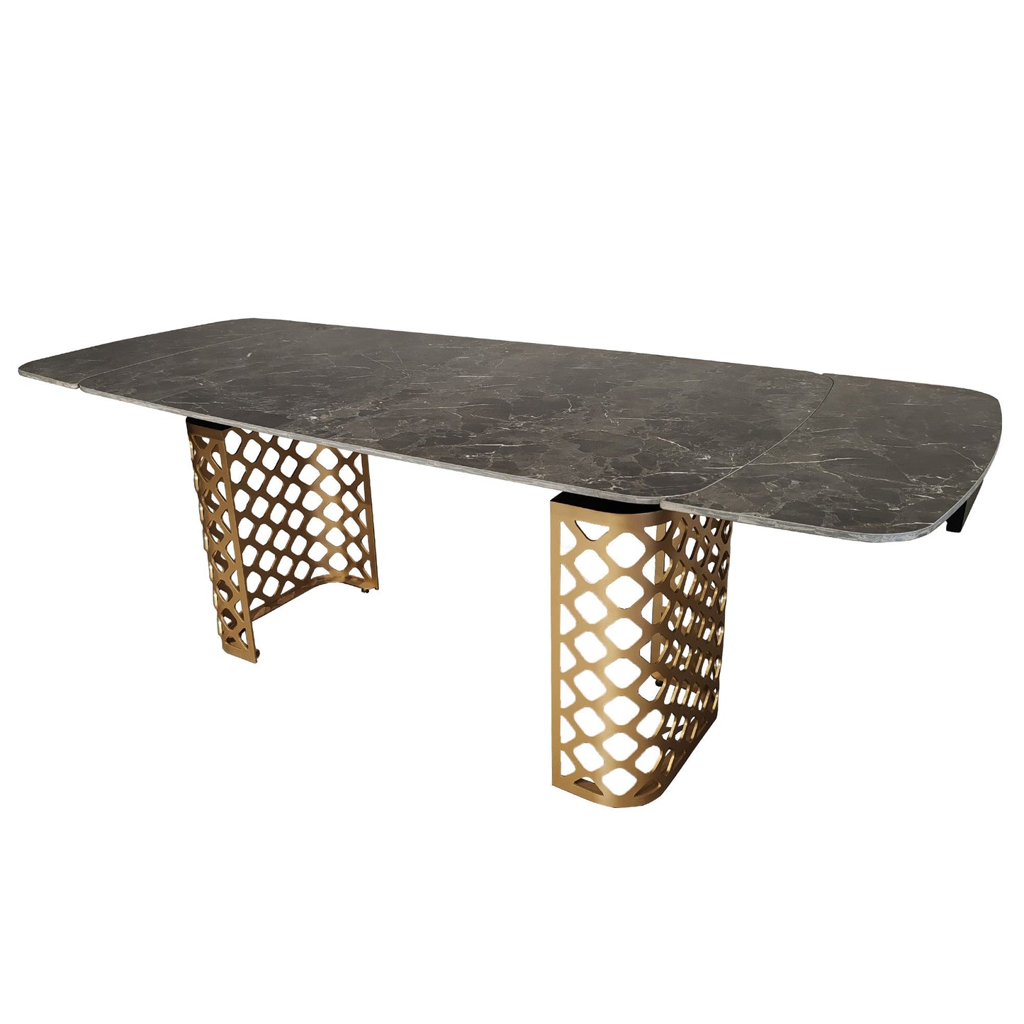Table à manger extensible en céramique noire effet marbre avec base dorée