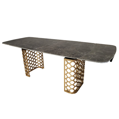 Table à manger extensible en céramique noire effet marbre avec base dorée