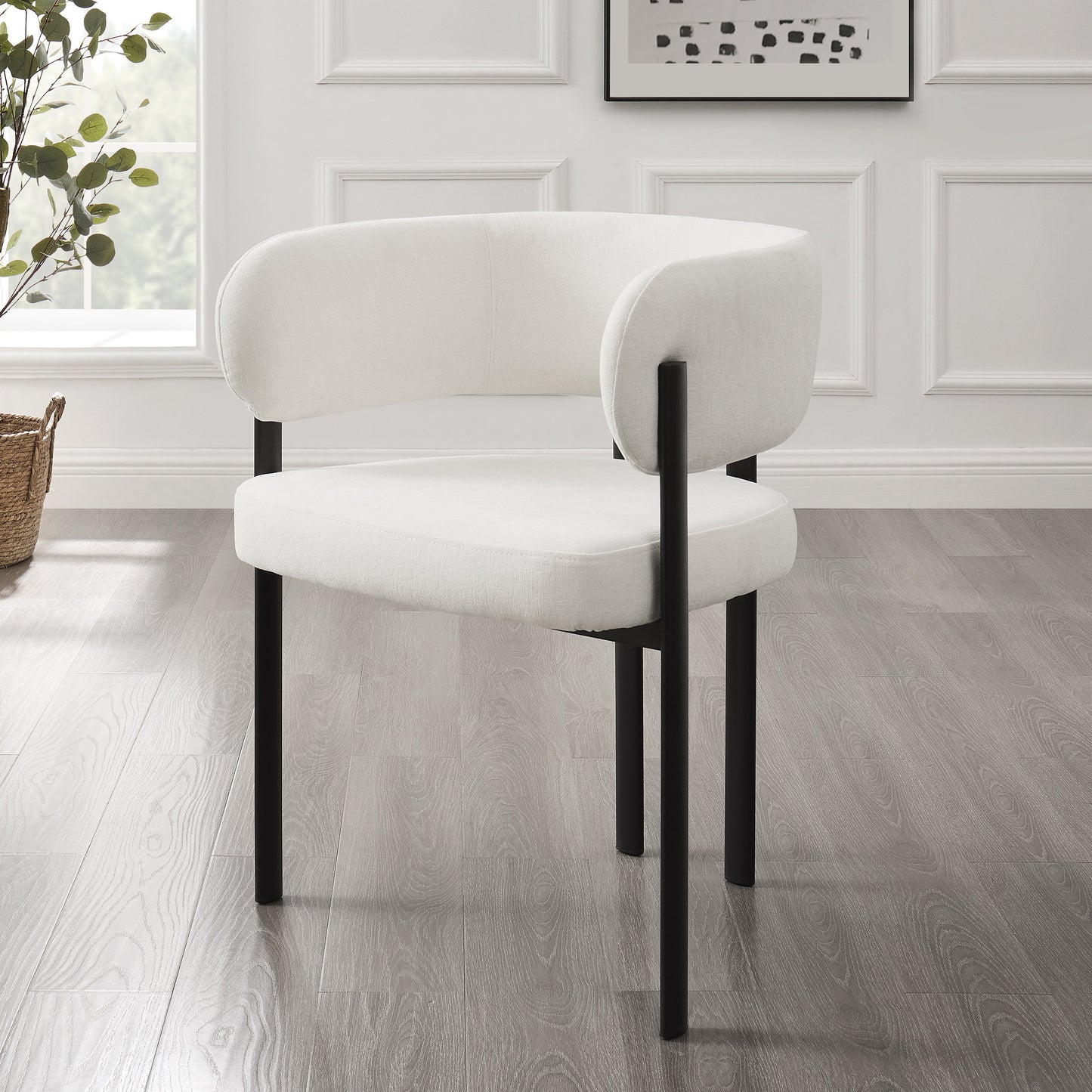 Chaise de salle à manger courbée Elle en lin ivoire avec cadre noir