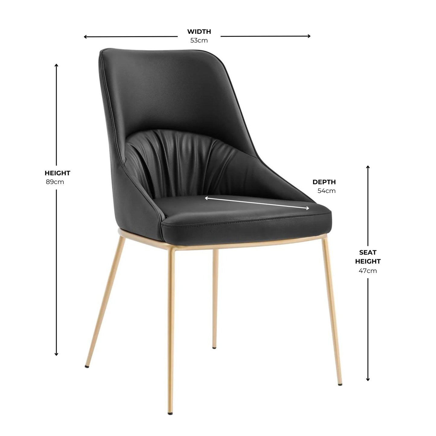Chaise de salle à manger Axel en cuir noir, design froissé, pieds dorés