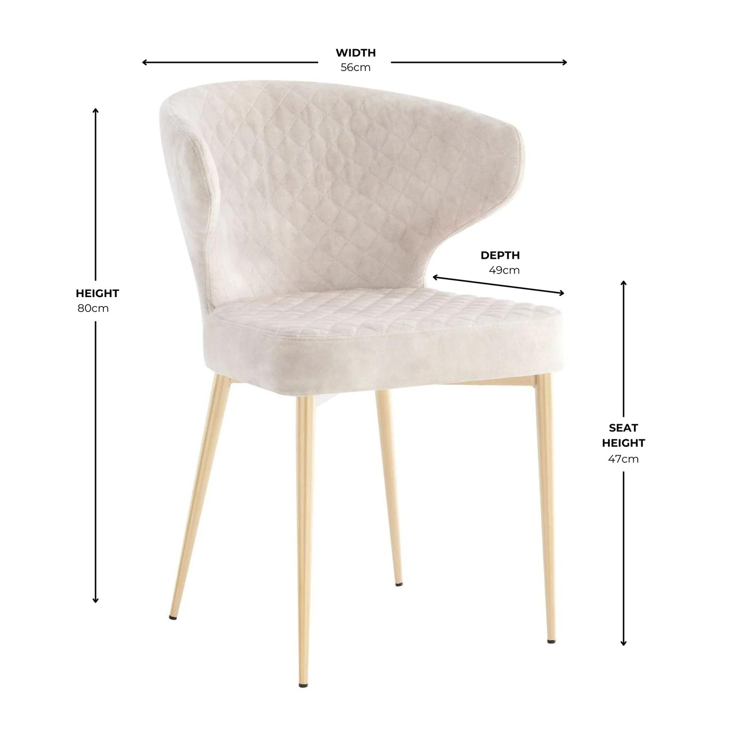 Chaise de salle à manger Levi en velours crème avec motif matelassé et pieds dorés