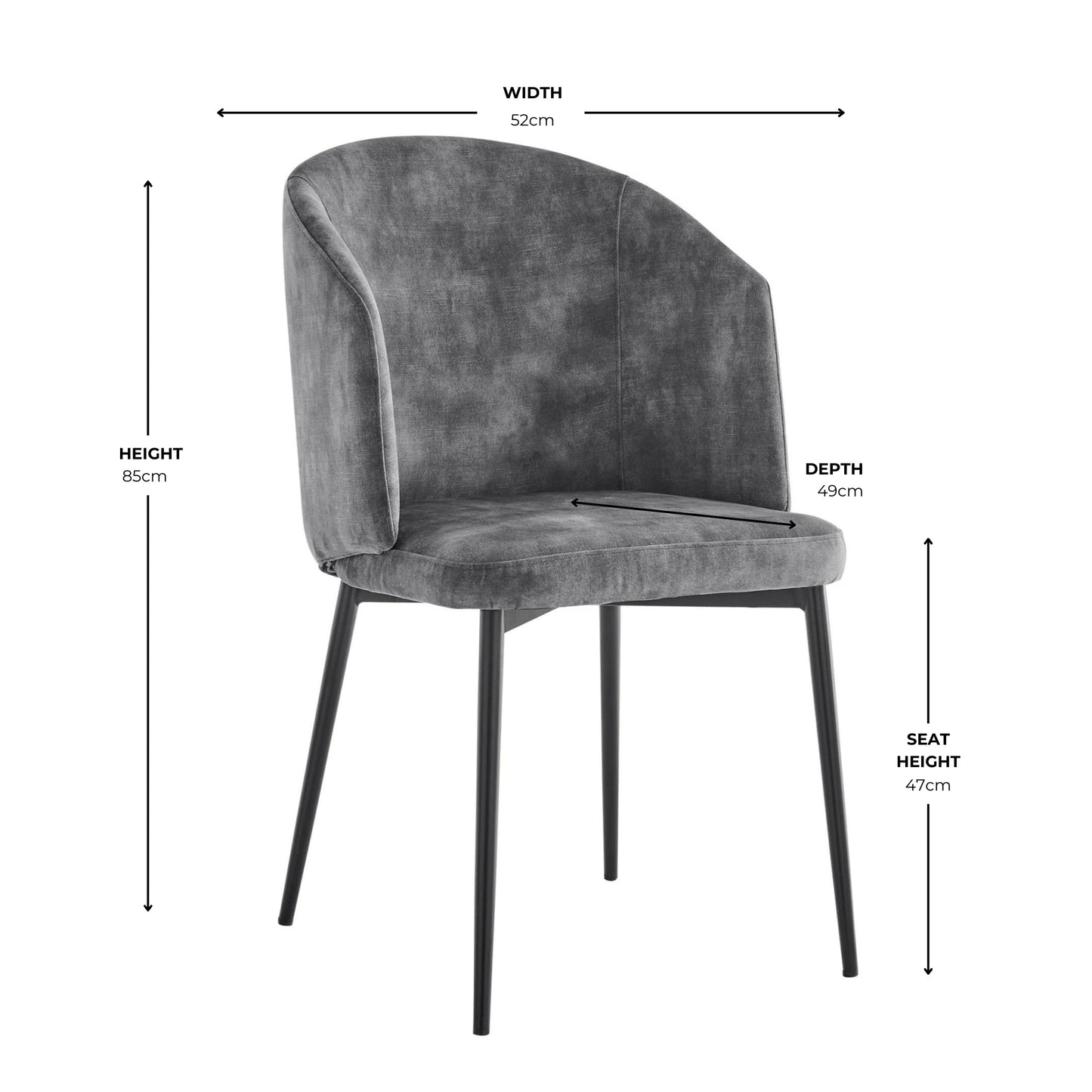 Chaise de salle à manger incurvée en velours gris Capri avec pieds noirs
