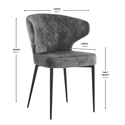 Chaise de salle à manger Levi en velours gris avec pieds noirs matelassés