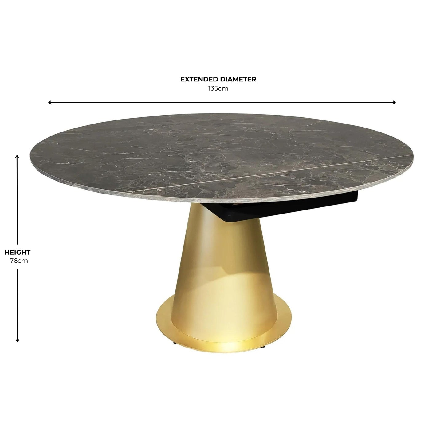 Table à manger ronde extensible en céramique noire effet marbre avec base dorée